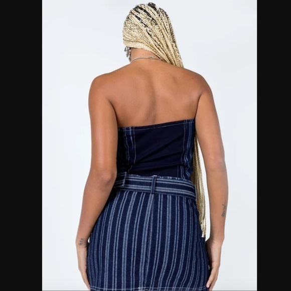 Princess Polly Fernley Blue White Denim Striped Strapless Bustier Top 2 - Picture 6 of 12